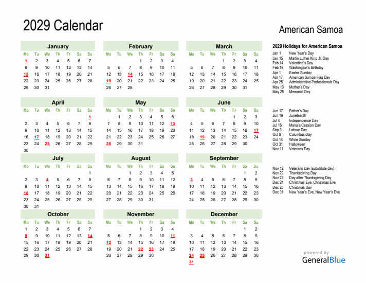 Holiday Calendar 2029 for American Samoa (Monday Start)