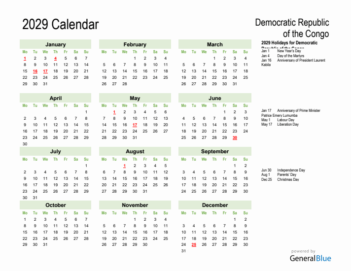 Holiday Calendar 2029 for Democratic Republic of the Congo (Monday Start)
