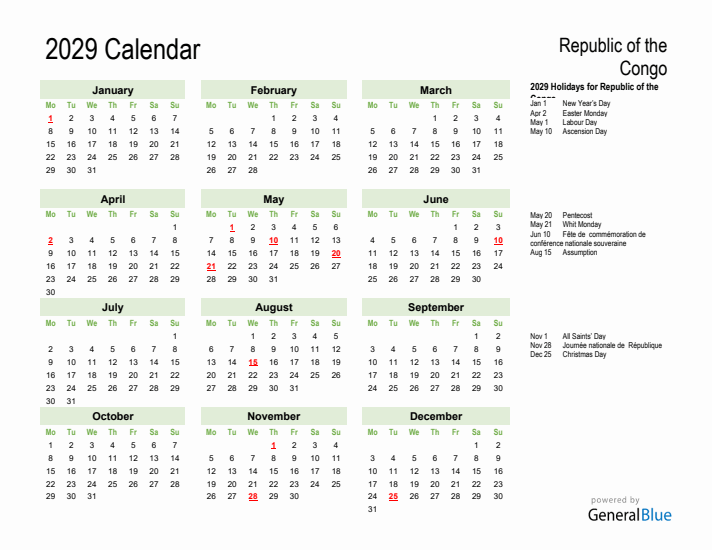 Holiday Calendar 2029 for Republic of the Congo (Monday Start)