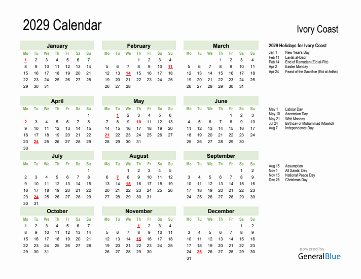 Holiday Calendar 2029 for Ivory Coast (Monday Start)
