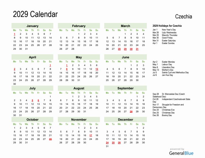 Holiday Calendar 2029 for Czechia (Monday Start)