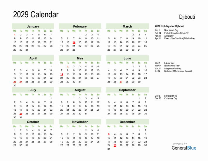 Holiday Calendar 2029 for Djibouti (Monday Start)