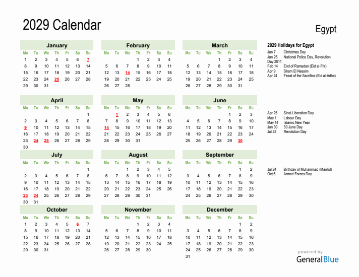 Holiday Calendar 2029 for Egypt (Monday Start)