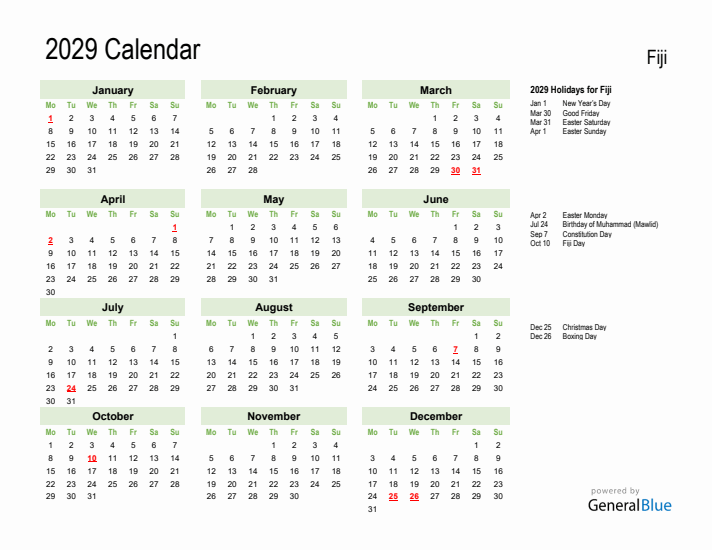 Holiday Calendar 2029 for Fiji (Monday Start)