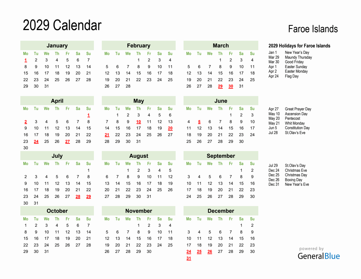 Holiday Calendar 2029 for Faroe Islands - Monday Start