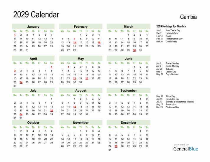 Holiday Calendar 2029 for Gambia (Monday Start)