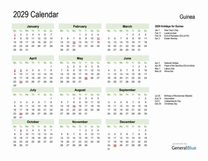 Holiday Calendar 2029 for Guinea (Monday Start)