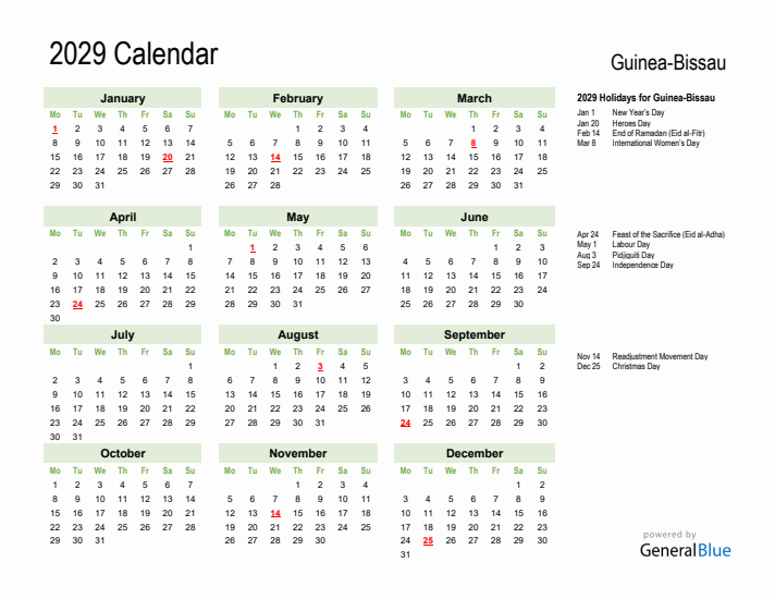 Holiday Calendar 2029 for Guinea-Bissau (Monday Start)