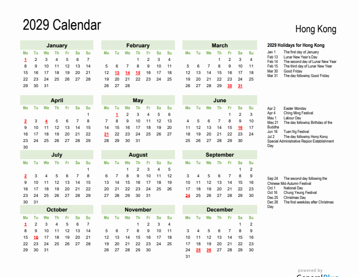 Holiday Calendar 2029 for Hong Kong (Monday Start)