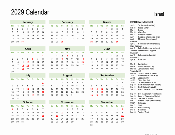 Holiday Calendar 2029 for Israel (Monday Start)