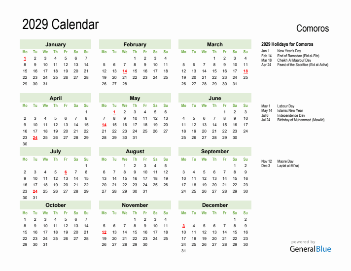 Holiday Calendar 2029 for Comoros (Monday Start)