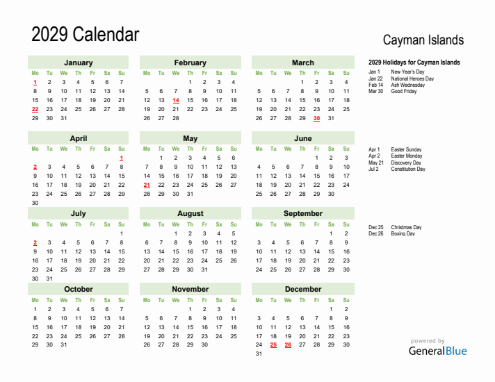 Holiday Calendar 2029 for Cayman Islands (Monday Start)