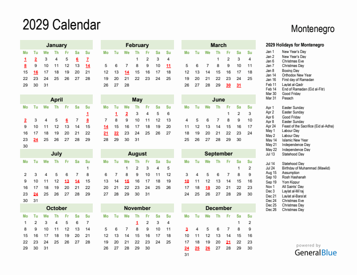Holiday Calendar 2029 for Montenegro (Monday Start)
