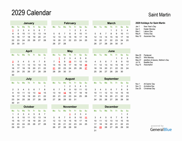 Holiday Calendar 2029 for Saint Martin (Monday Start)