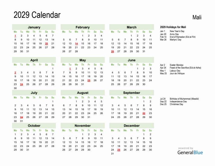 Holiday Calendar 2029 for Mali (Monday Start)