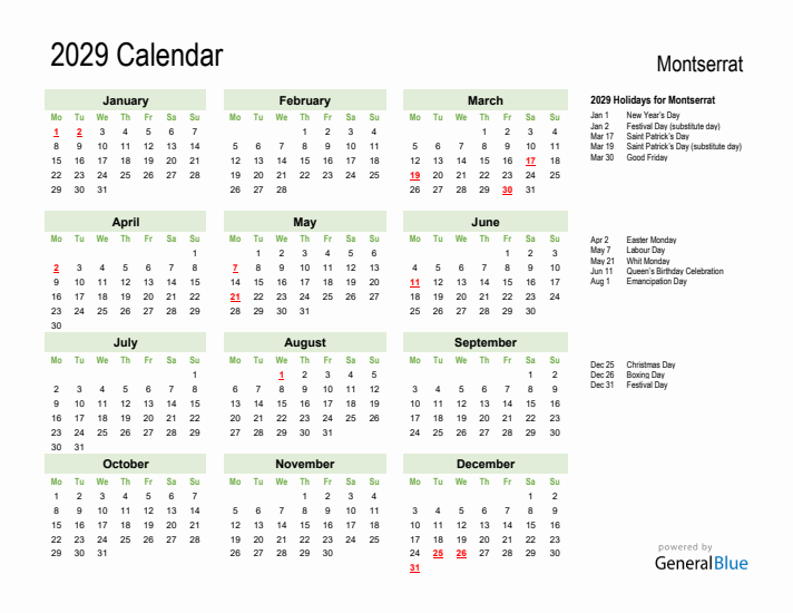 Holiday Calendar 2029 for Montserrat (Monday Start)