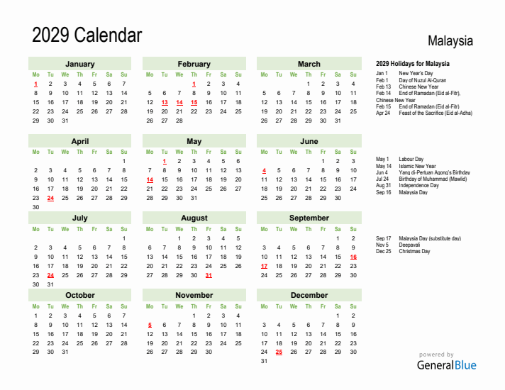 Holiday Calendar 2029 for Malaysia (Monday Start)