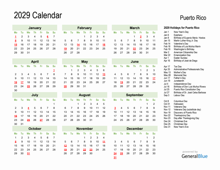 Holiday Calendar 2029 for Puerto Rico (Monday Start)