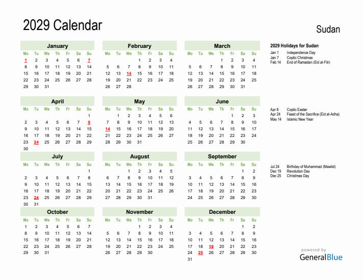Holiday Calendar 2029 for Sudan (Monday Start)