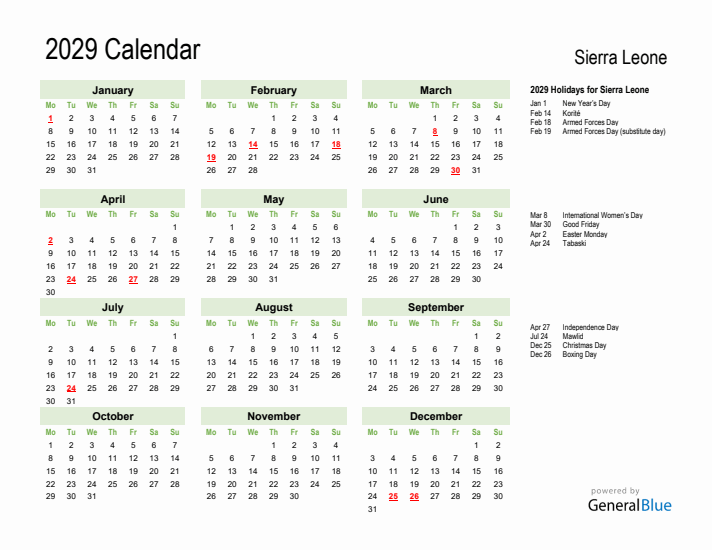 Holiday Calendar 2029 for Sierra Leone (Monday Start)