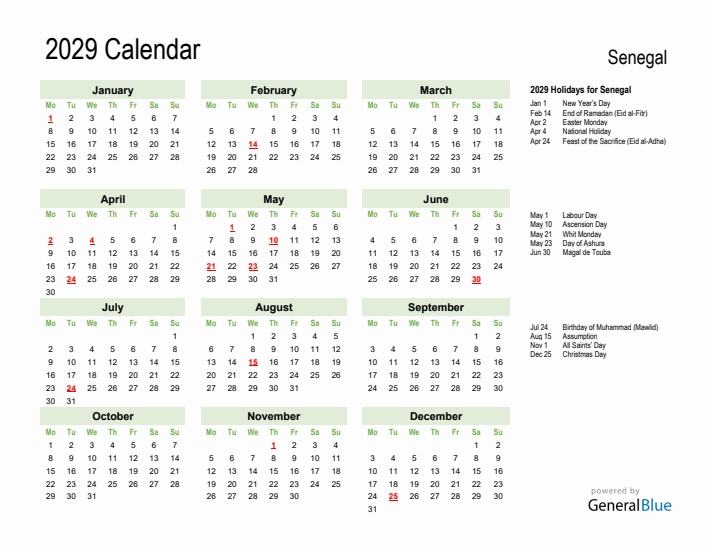 Holiday Calendar 2029 for Senegal (Monday Start)