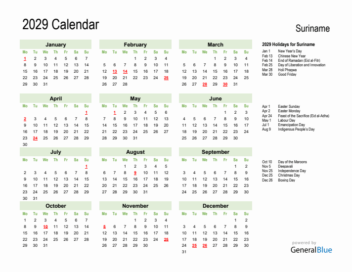 Holiday Calendar 2029 for Suriname (Monday Start)