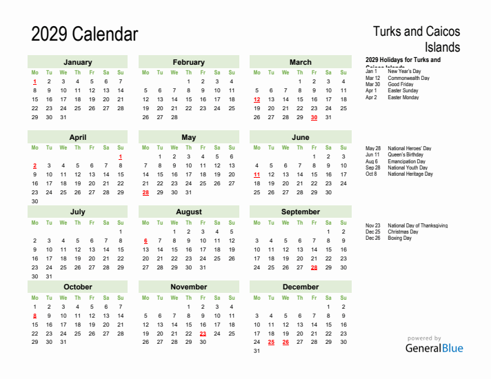 Holiday Calendar 2029 for Turks and Caicos Islands (Monday Start)