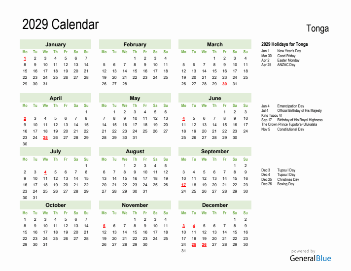 Holiday Calendar 2029 for Tonga (Monday Start)