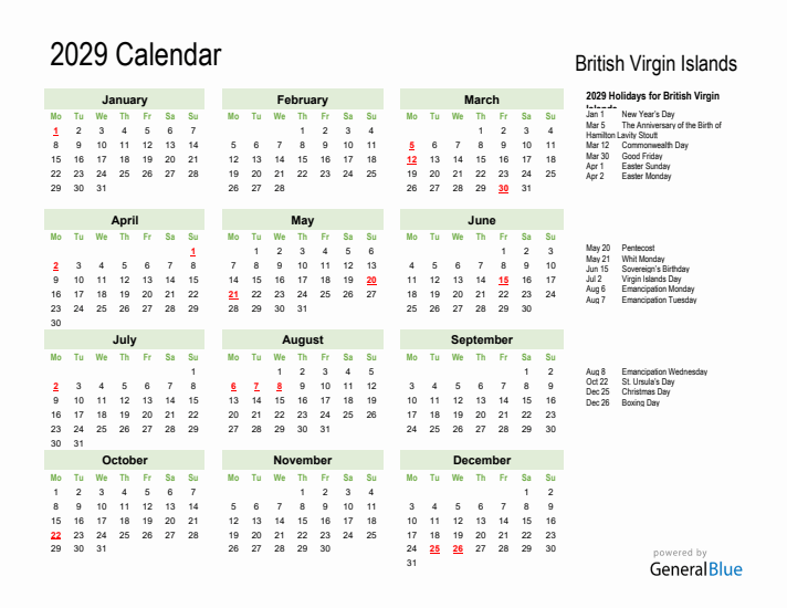 Holiday Calendar 2029 for British Virgin Islands (Monday Start)