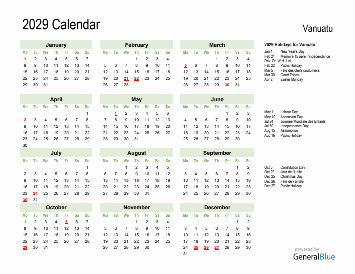 Holiday Calendar 2029 for Vanuatu (Monday Start)