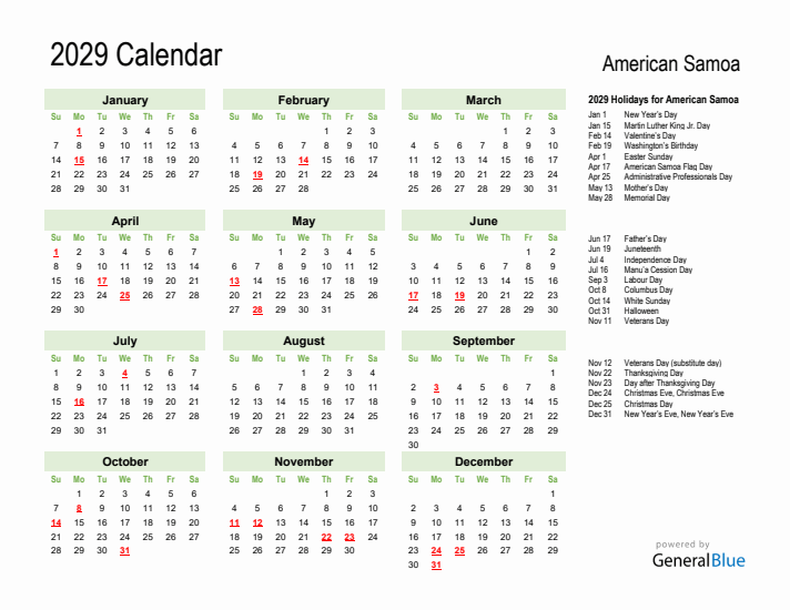 Holiday Calendar 2029 for American Samoa (Sunday Start)