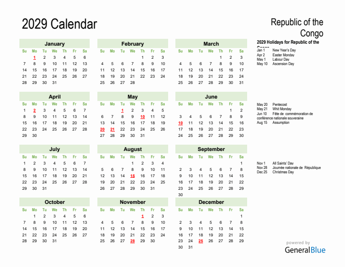 Holiday Calendar 2029 for Republic of the Congo (Sunday Start)