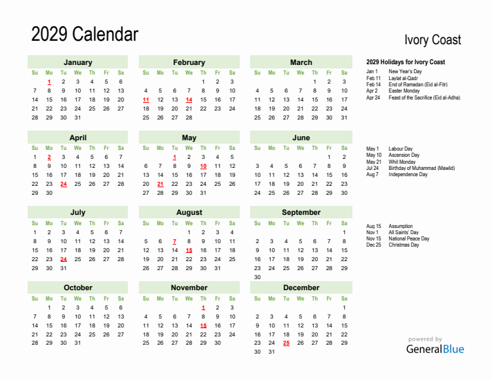 Holiday Calendar 2029 for Ivory Coast (Sunday Start)