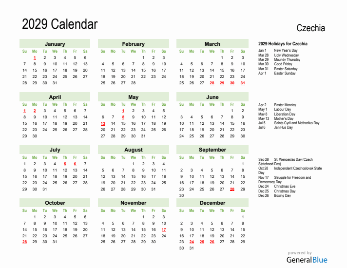 Holiday Calendar 2029 for Czechia (Sunday Start)