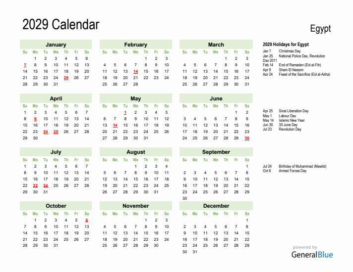 Holiday Calendar 2029 for Egypt (Sunday Start)