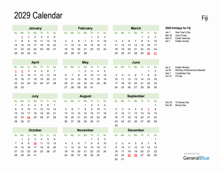 Holiday Calendar 2029 for Fiji (Sunday Start)