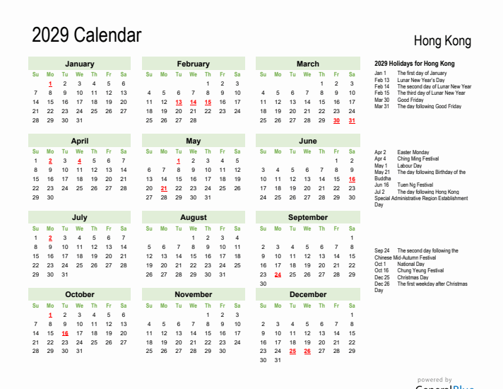 Holiday Calendar 2029 for Hong Kong (Sunday Start)