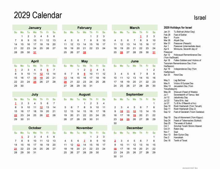 Holiday Calendar 2029 for Israel (Sunday Start)