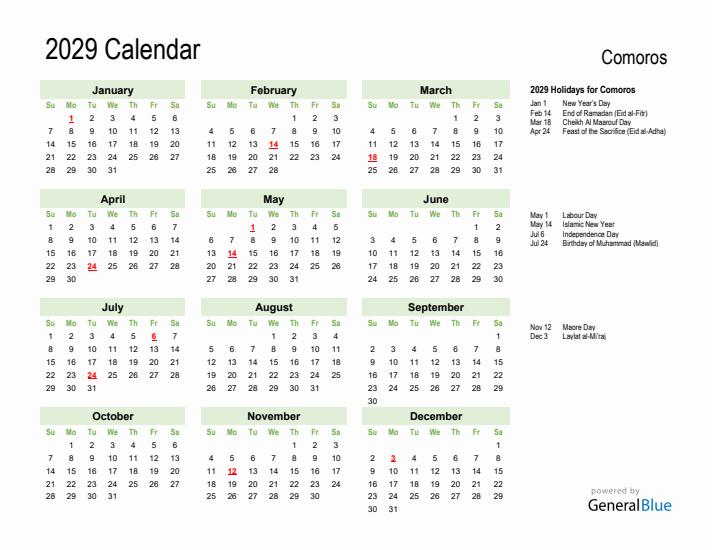 Holiday Calendar 2029 for Comoros (Sunday Start)