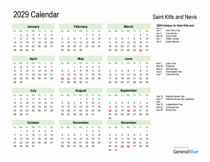 Holiday Calendar 2029 for Saint Kitts and Nevis (Sunday Start)