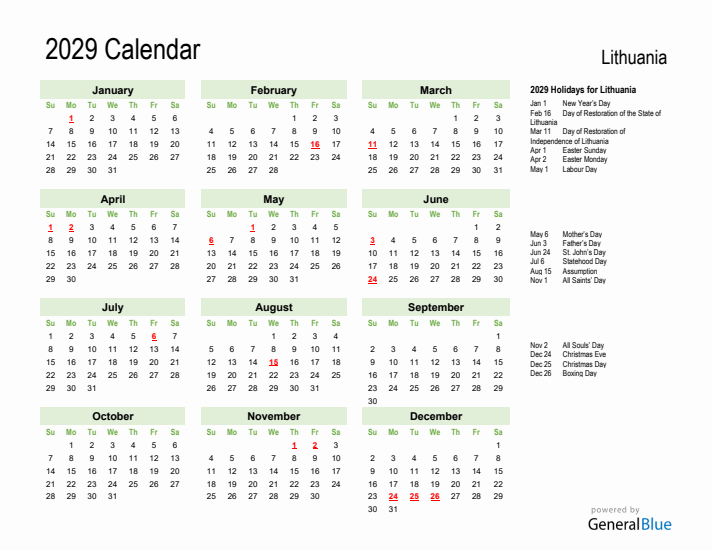 Holiday Calendar 2029 for Lithuania (Sunday Start)