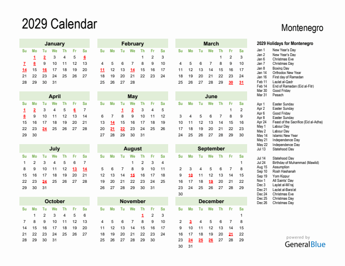 Holiday Calendar 2029 for Montenegro (Sunday Start)