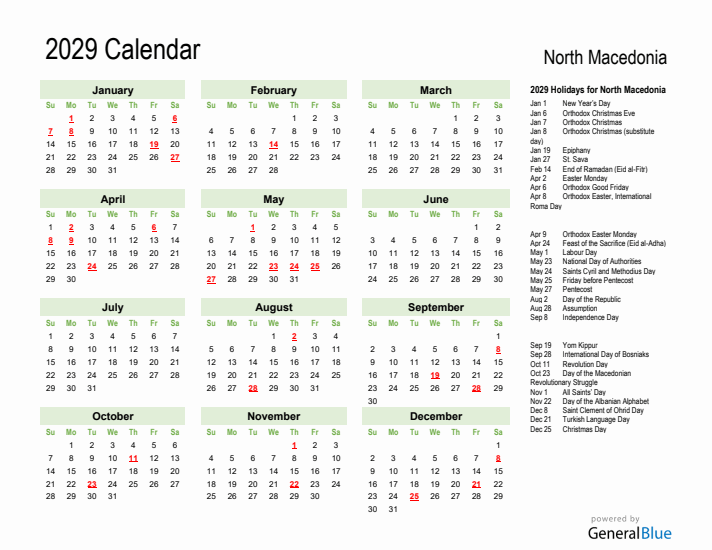 Holiday Calendar 2029 for North Macedonia (Sunday Start)