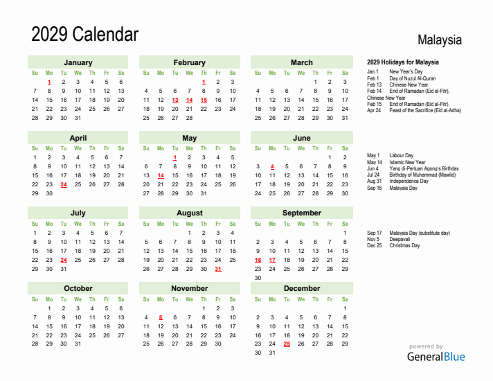 Holiday Calendar 2029 for Malaysia (Sunday Start)