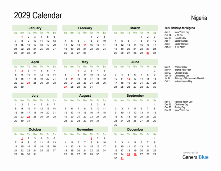 Holiday Calendar 2029 for Nigeria (Sunday Start)