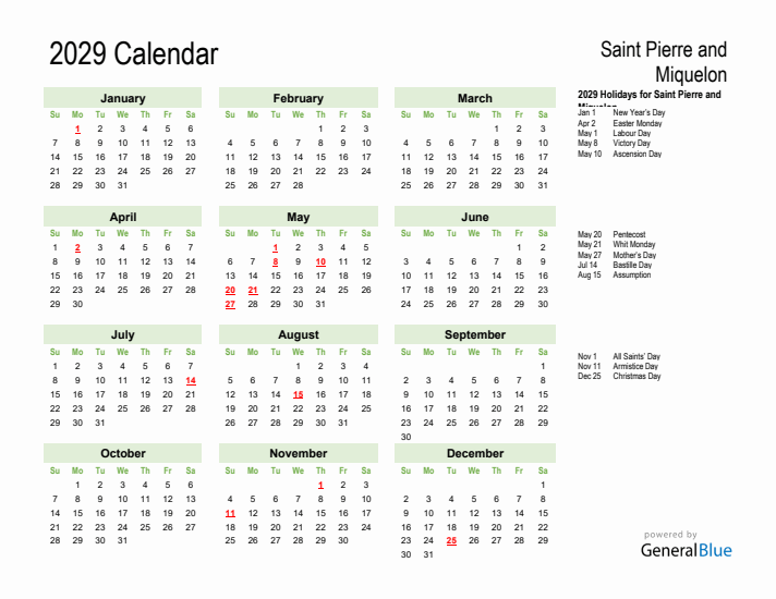 Holiday Calendar 2029 for Saint Pierre and Miquelon (Sunday Start)