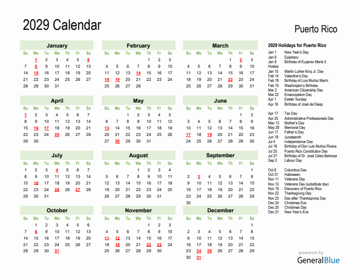 Holiday Calendar 2029 for Puerto Rico (Sunday Start)