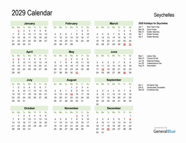 Holiday Calendar 2029 for Seychelles (Sunday Start)