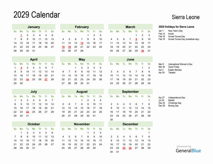 Holiday Calendar 2029 for Sierra Leone (Sunday Start)