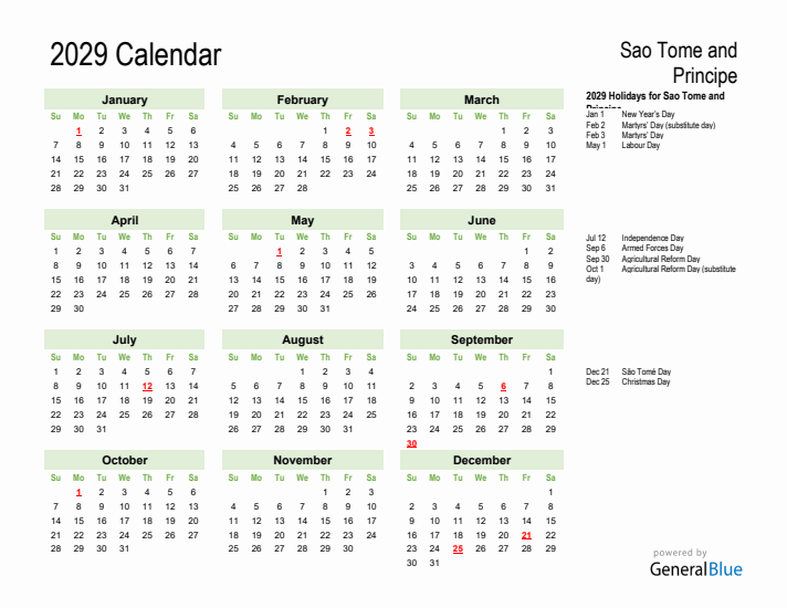 Holiday Calendar 2029 for Sao Tome and Principe (Sunday Start)
